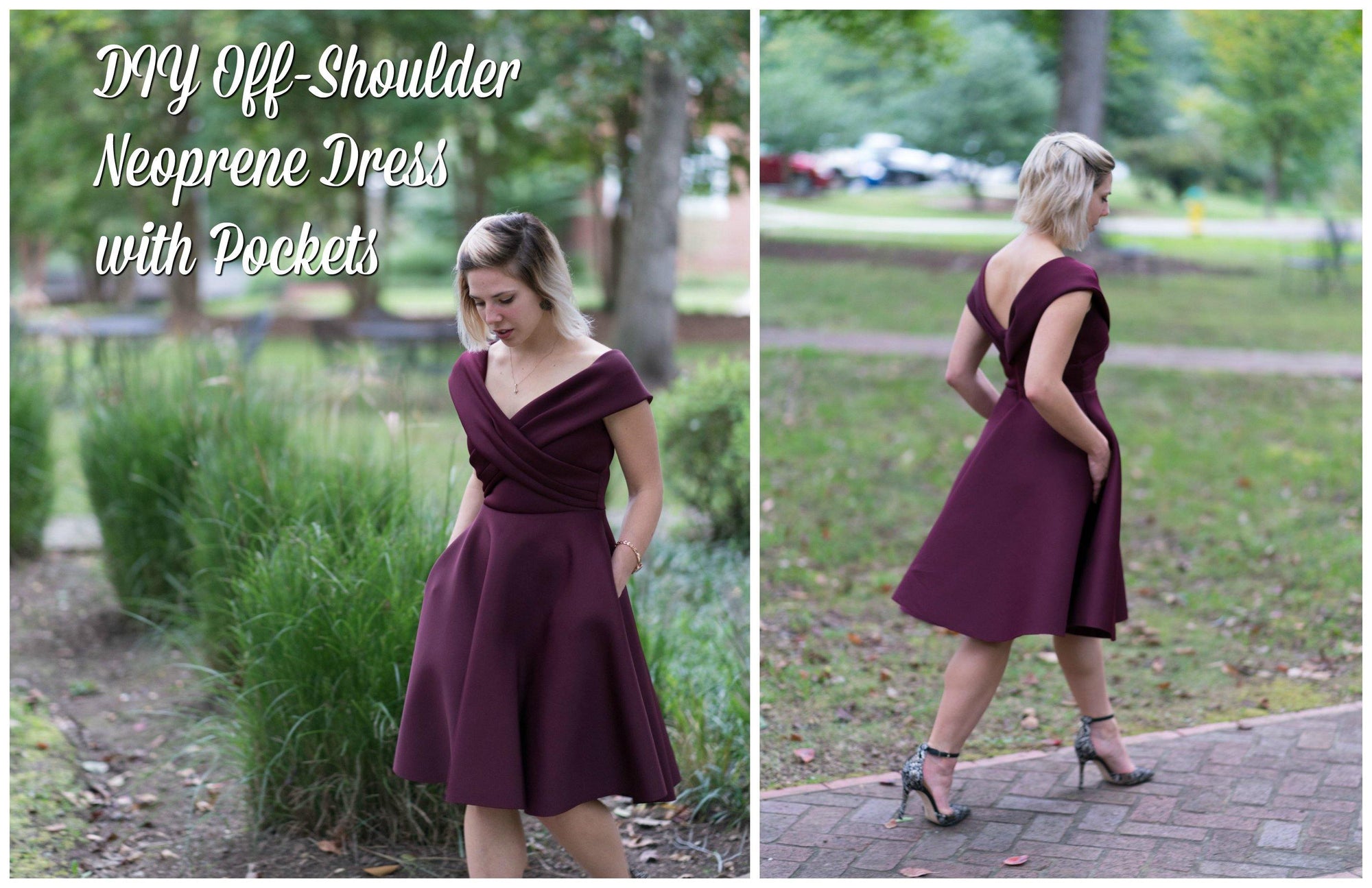 Off-Shoulder Neoprene Circle Skirt with Pockets