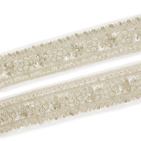 Floral Vine Beaded Sequin Metallic Woven Embroidery On 2 Inch Hemmed Mesh Lace Trim SV582479 Pale Gold Image A4