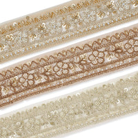 Floral Vine Beaded Sequin Metallic Woven Embroidery On 2 Inch Hemmed Mesh Lace Trim Group Image