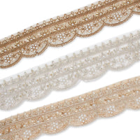 2 Inch Beaded Pearl Metallic Corded Embroidery On Scalloped Mesh Fabric Trim Group Image