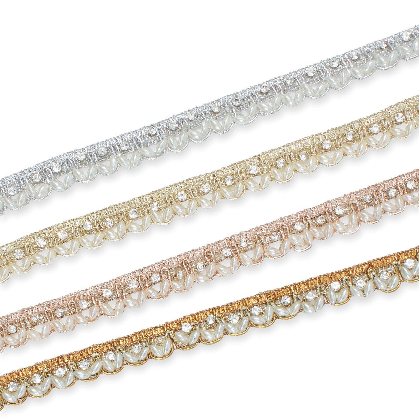 1/2 Inch Beaded Rhinestone Metallic Corded Ribbon Fabric Trim Group Image