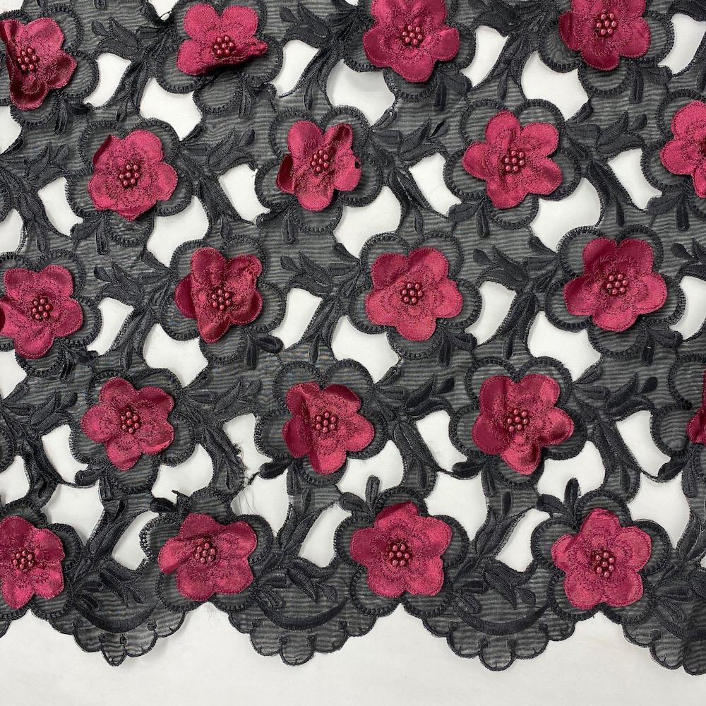 Burgundy Floral Embroidery on Black Organza Lace Fabric 54 Wide