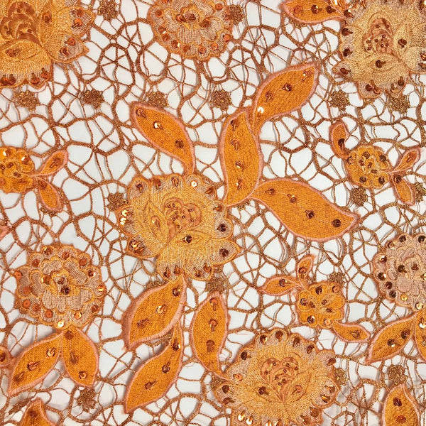 Floral Corded Embroidery Lace With Stone Fabric SV576093 Orange 1