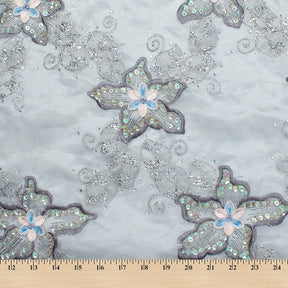 Silver Floral Metallic Foil Organza