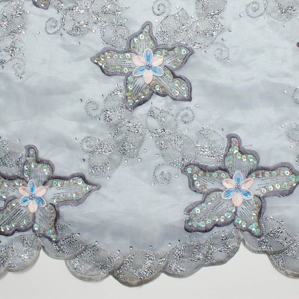 Silver Floral Metallic Foil Organza