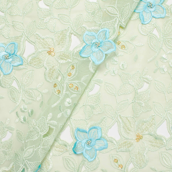 Blue Floral Embroidery On Green Chiffon