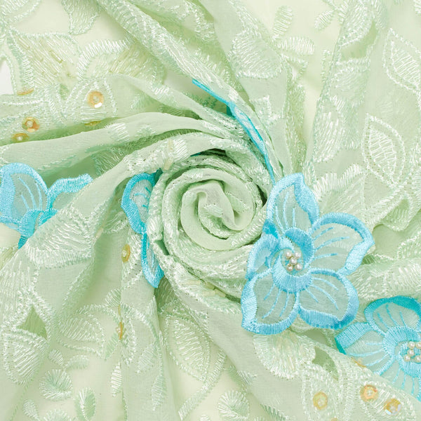 Blue Floral Embroidery On Green Chiffon