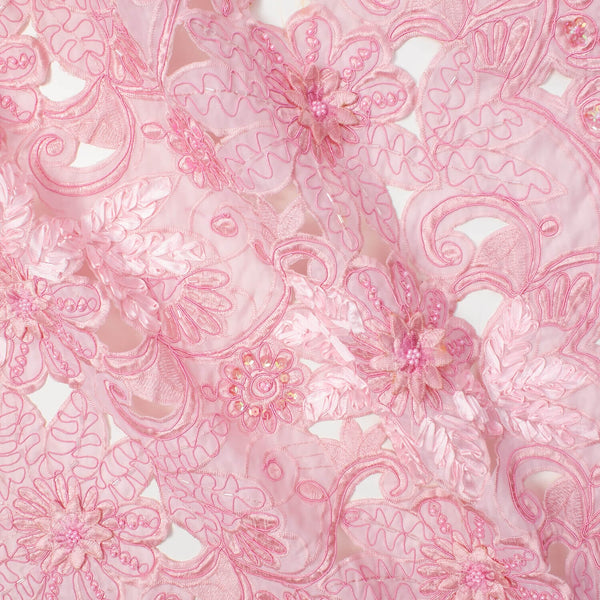 Pink Floral Embroidery On Organza