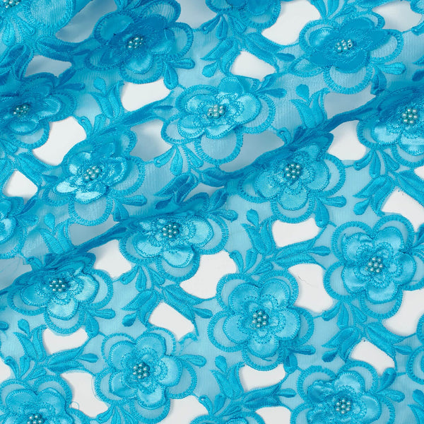 Turquoise Floral Embroidery on Turquoise Organza Lace