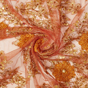 Rust Embroidered Daisy On Mesh