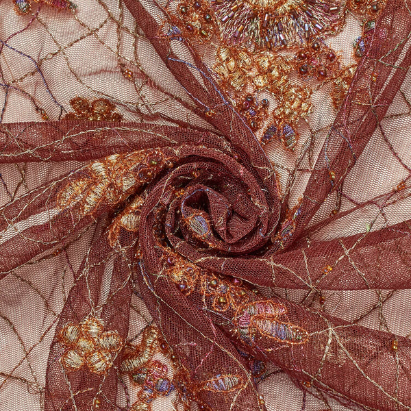 Brown Floral Native Beaded Embroidery on Mesh