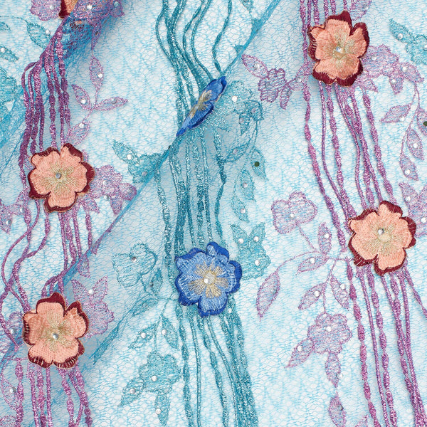 Turquoise Floral Patch Sequins w/ Rhinestones on Embroidered Mesh Lace