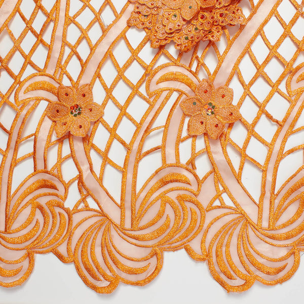 Orange Floral Corded Mesh Lace