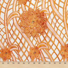 Orange Floral Corded Mesh Lace