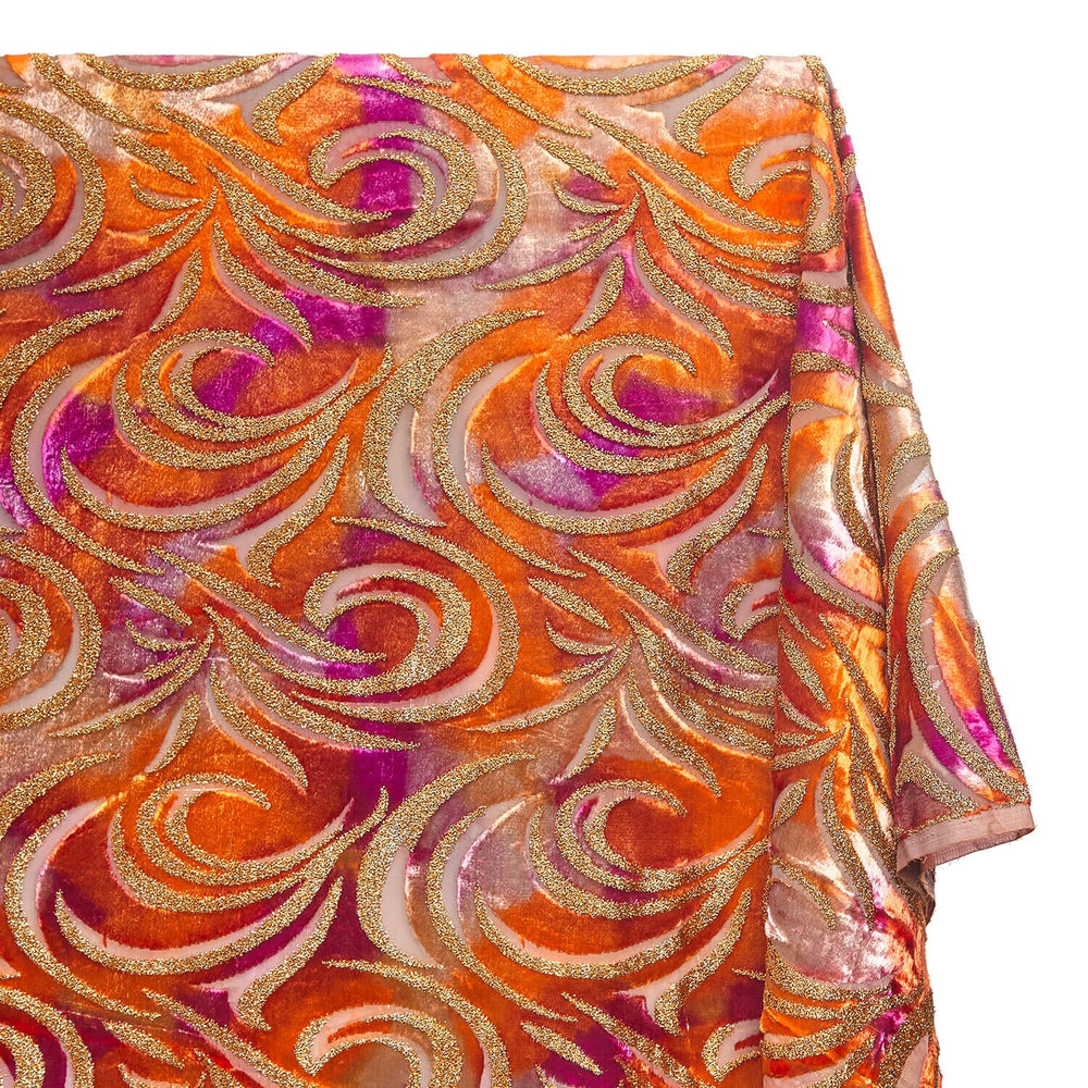 Geometric Metallic Velvet Burnout On Mesh Fabric SV580743 Crimson Sunrise A1
