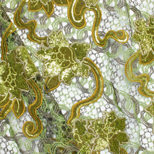 Olive Floral Velvet Chemical Metallic Lace with Sequins & Rhinestones