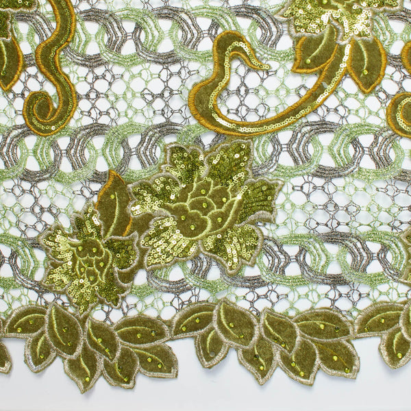 Olive Floral Velvet Chemical Metallic Lace with Sequins & Rhinestones