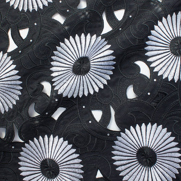 Silver Sunflower Corded Black Organza Lace