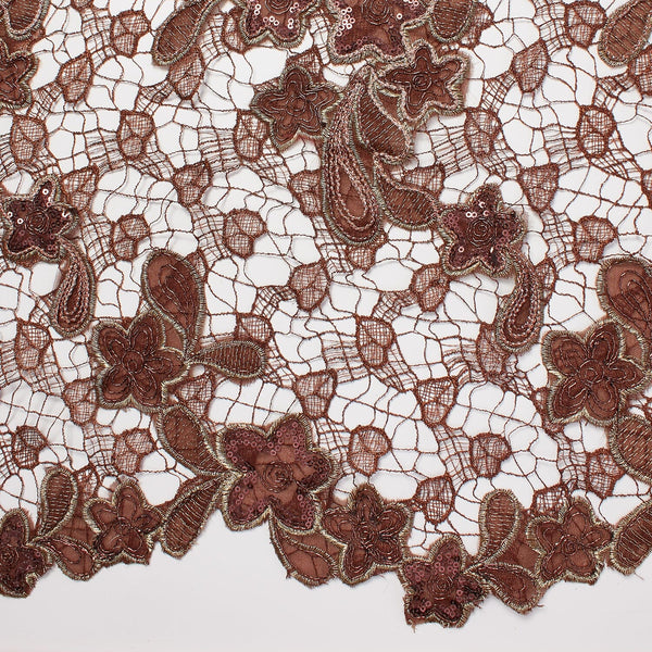 Brown Chemical Floral Taffeta Metallic Embroidery w/ Sequins