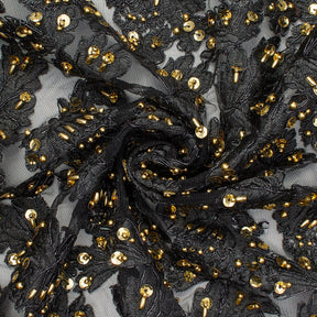 Black Embroidered Flowers With Gold Sequins On Mesh