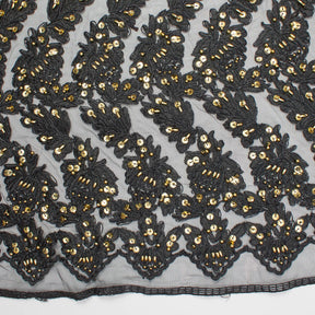 Black Embroidered Flowers With Gold Sequins On Mesh