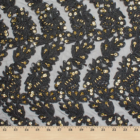 Black Embroidered Flowers With Gold Sequins On Mesh