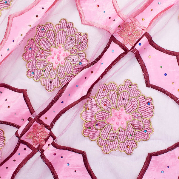 Pink Royal Carnation Embroidered on Mesh