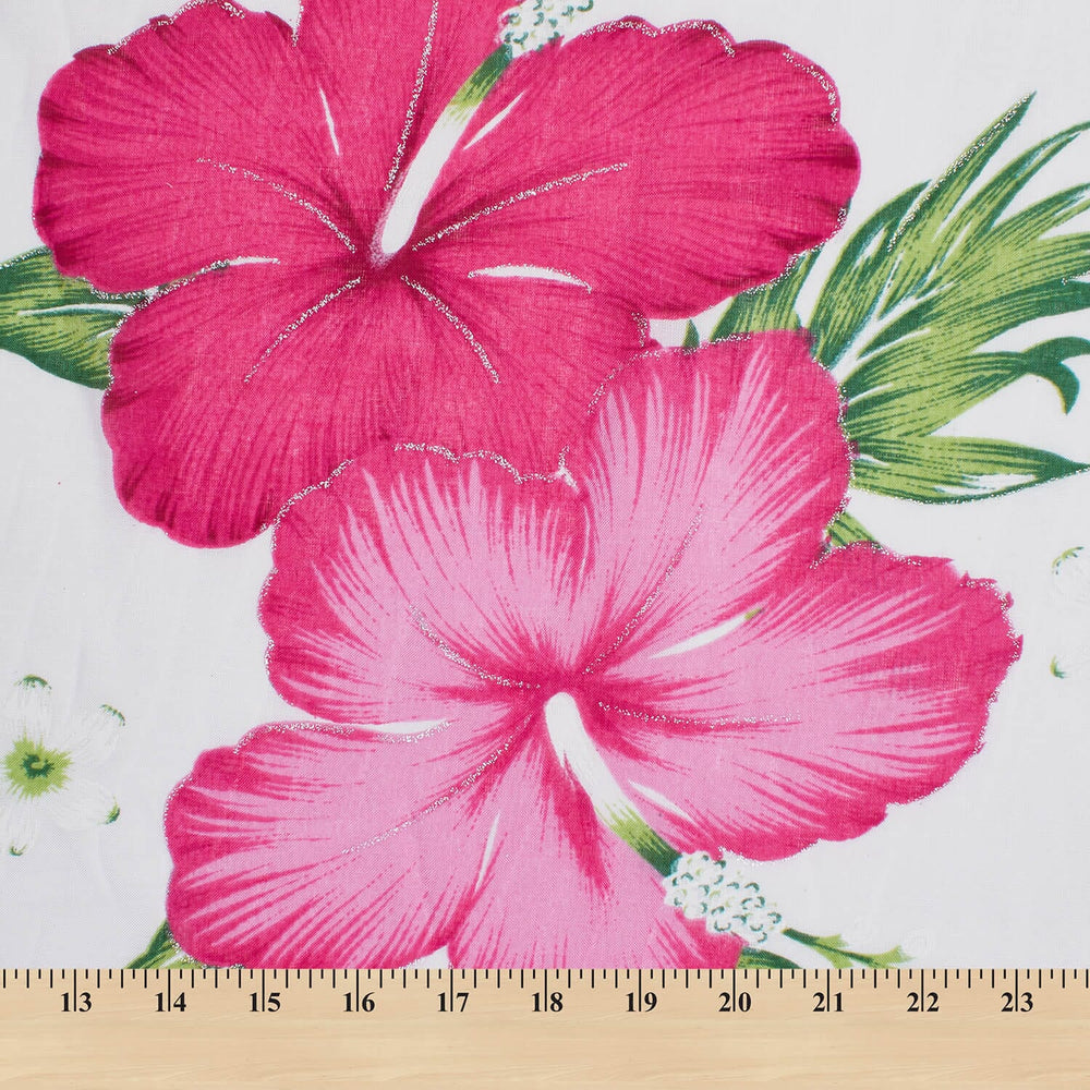 Hibiscus Floral Printed Glitter Voile Fabric By The Yard