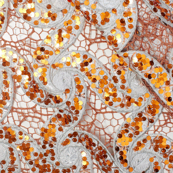 Metallic Floral Sequin Brocade on Orange Chemical Lace