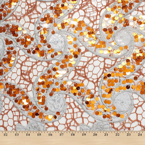 Metallic Floral Sequin Brocade on Orange Chemical Lace