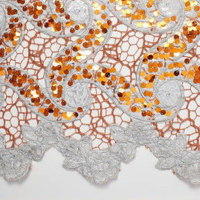 Metallic Floral Sequin Brocade on Orange Chemical Lace