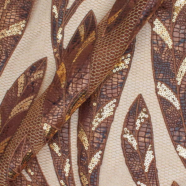 Brown Embroidered Sequin Leaves On Gold Mesh