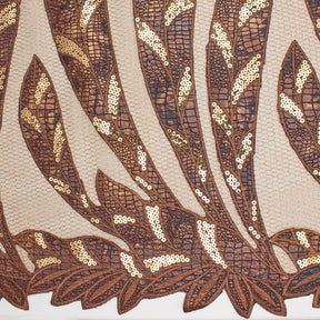 Brown Embroidered Sequin Leaves On Gold Mesh