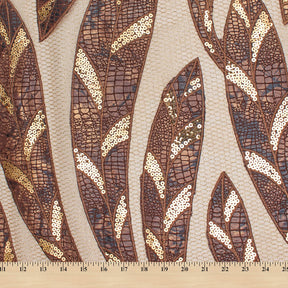 Brown Embroidered Sequin Leaves On Gold Mesh