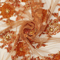 Orange Floral Embroidery On Lace