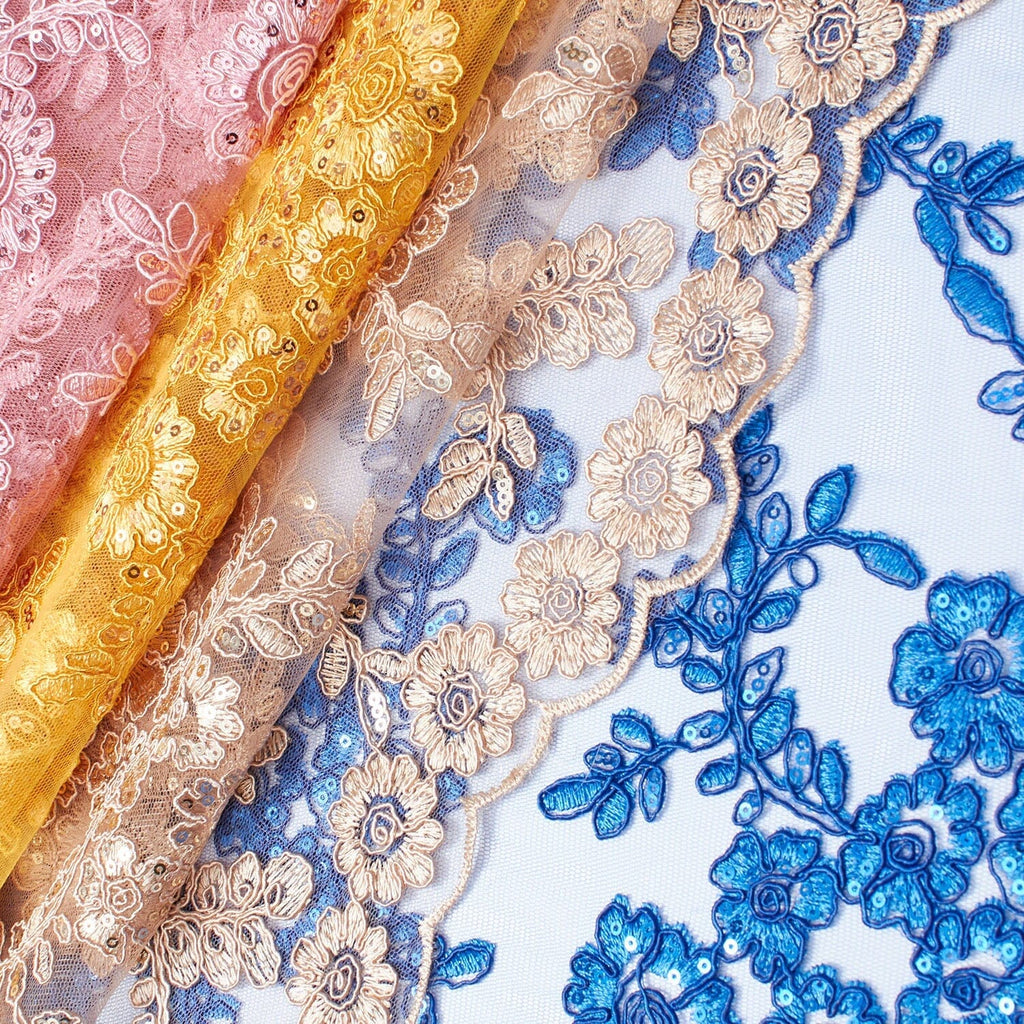 Sheer Floral Sequined Embroidery On Lace Fabric