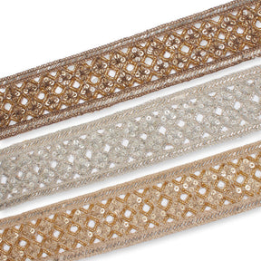 2.5 Inch Geometric Beaded Sequin Corded Eyelet Lace Trim