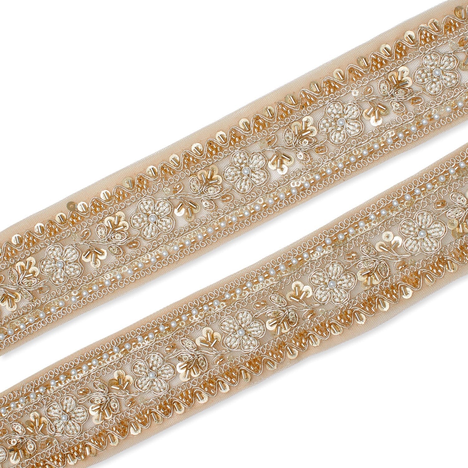 Floral Vine Beaded Sequin Metallic Woven Embroidery On 2 Inch Hemmed Mesh Lace Trim SV582477 Anmol Image A4