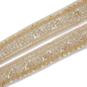 Floral Vine Beaded Sequin Metallic Woven Embroidery On 2 Inch Hemmed Mesh Lace Trim SV582478 Champagne Image A4