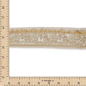 Floral Vine Beaded Sequin Metallic Woven Embroidery On 2 Inch Hemmed Mesh Lace Trim SV582478 Champagne Image A9
