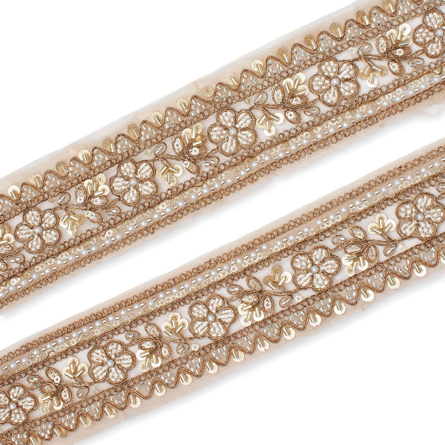 Floral Vine Beaded Sequin Metallic Woven Embroidery On 2 Inch Hemmed Mesh Lace Trim SV582480 Matte Image A4