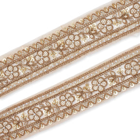 Floral Vine Beaded Sequin Metallic Woven Embroidery On 2 Inch Hemmed Mesh Lace Trim SV582480 Matte Image A4