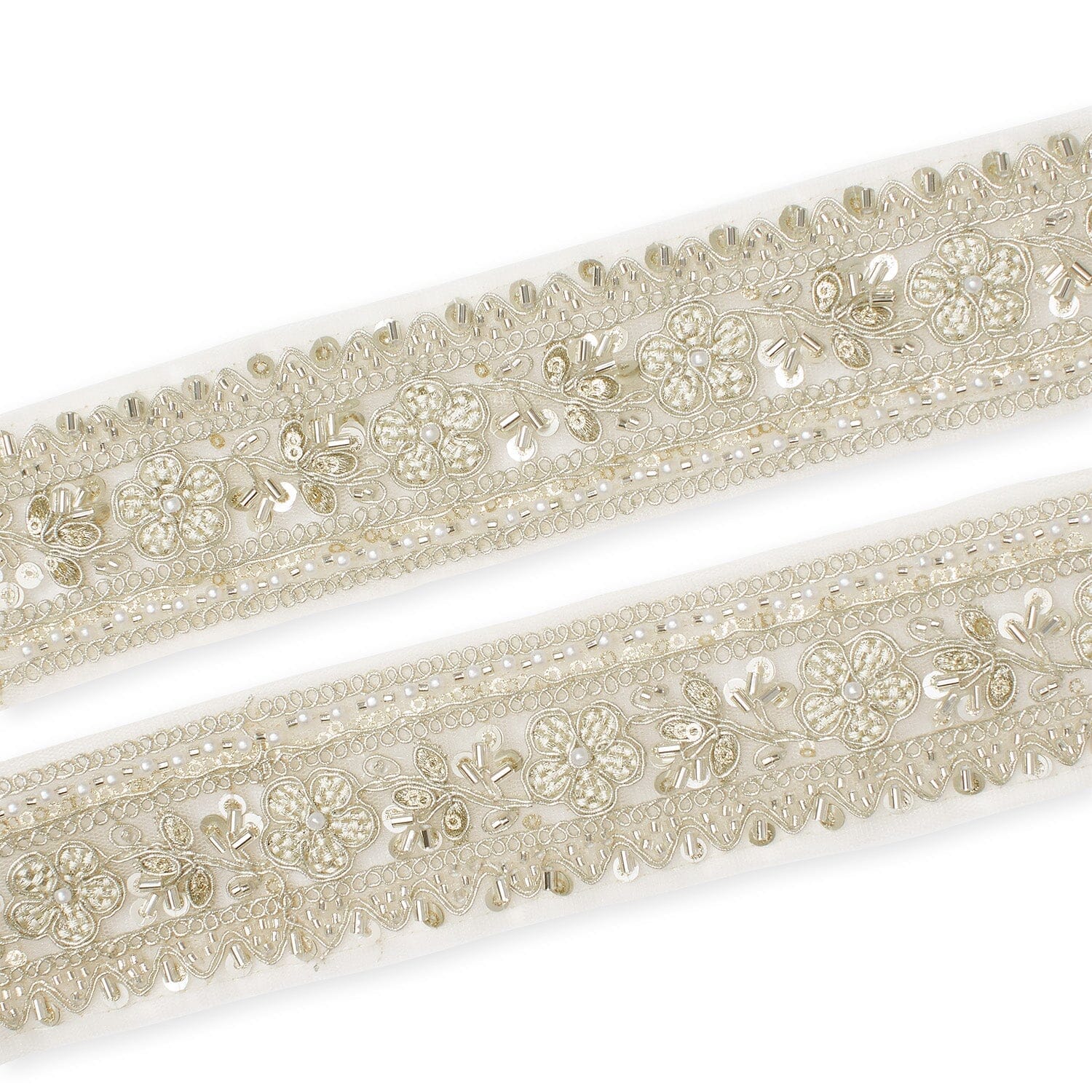 Floral Vine Beaded Sequin Metallic Woven Embroidery On 2 Inch Hemmed Mesh Lace Trim SV582479 Pale Gold Image A4