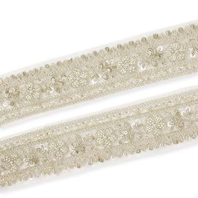 Floral Vine Beaded Sequin Metallic Woven Embroidery On 2 Inch Hemmed Mesh Lace Trim SV582479 Pale Gold Image A4