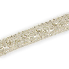 Floral Vine Beaded Sequin Metallic Woven Embroidery On 2 Inch Hemmed Mesh Lace Trim SV582479 Pale Gold Image A3