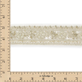 Floral Vine Beaded Sequin Metallic Woven Embroidery On 2 Inch Hemmed Mesh Lace Trim SV582479 Pale Gold Image A9