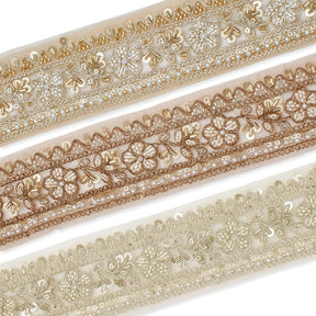 Floral Vine Beaded Sequin Metallic Woven Embroidery On 2 Inch Hemmed Mesh Lace Trim Group Image