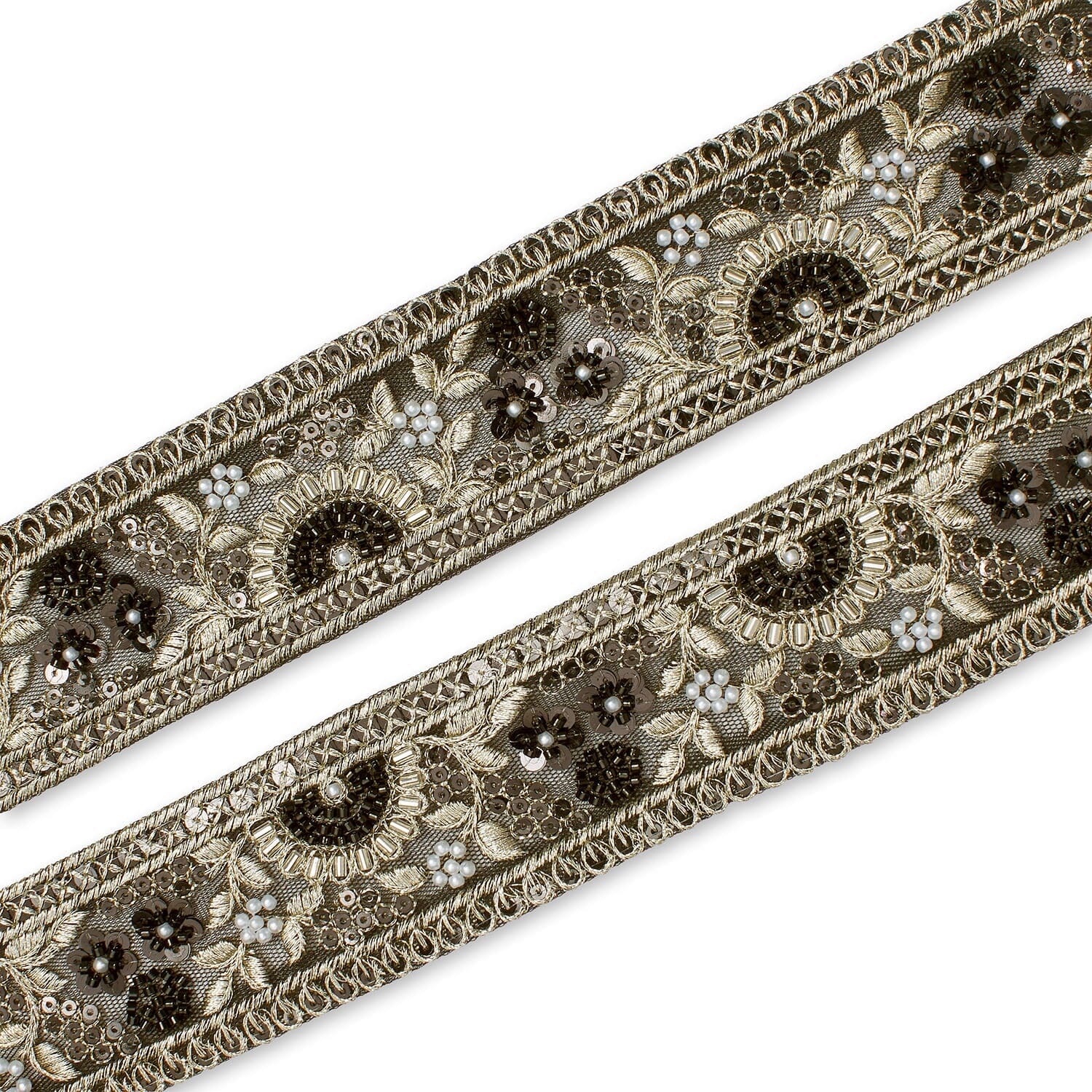 Sunshine Garden Floral Beaded Sequin Metallic Embroidery On 2 Inch Hemmed Mesh Lace Trim SV582857 Black Image A4