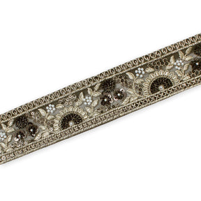 Sunshine Garden Floral Beaded Sequin Metallic Embroidery On 2 Inch Hemmed Mesh Lace Trim SV582857 Black Image A3