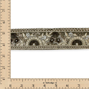 Sunshine Garden Floral Beaded Sequin Metallic Embroidery On 2 Inch Hemmed Mesh Lace Trim SV582857 Black Image A9